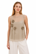 Chiffon Top with Flowers - Beige