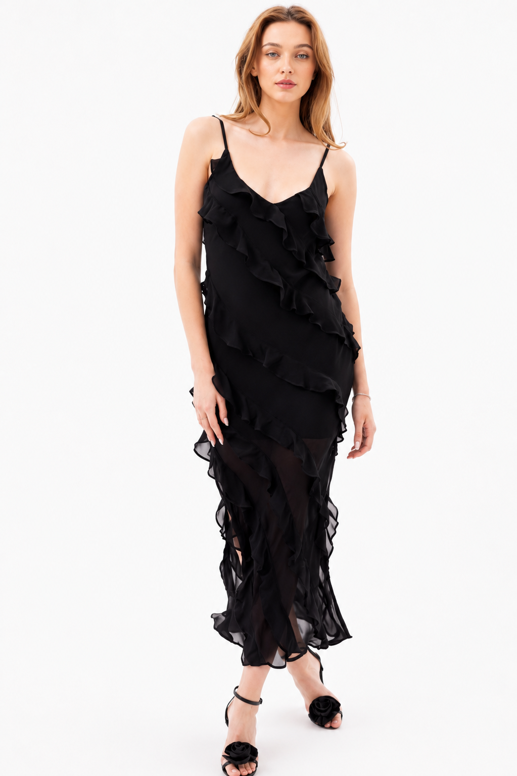 Chiffon Dress with Frills - Black