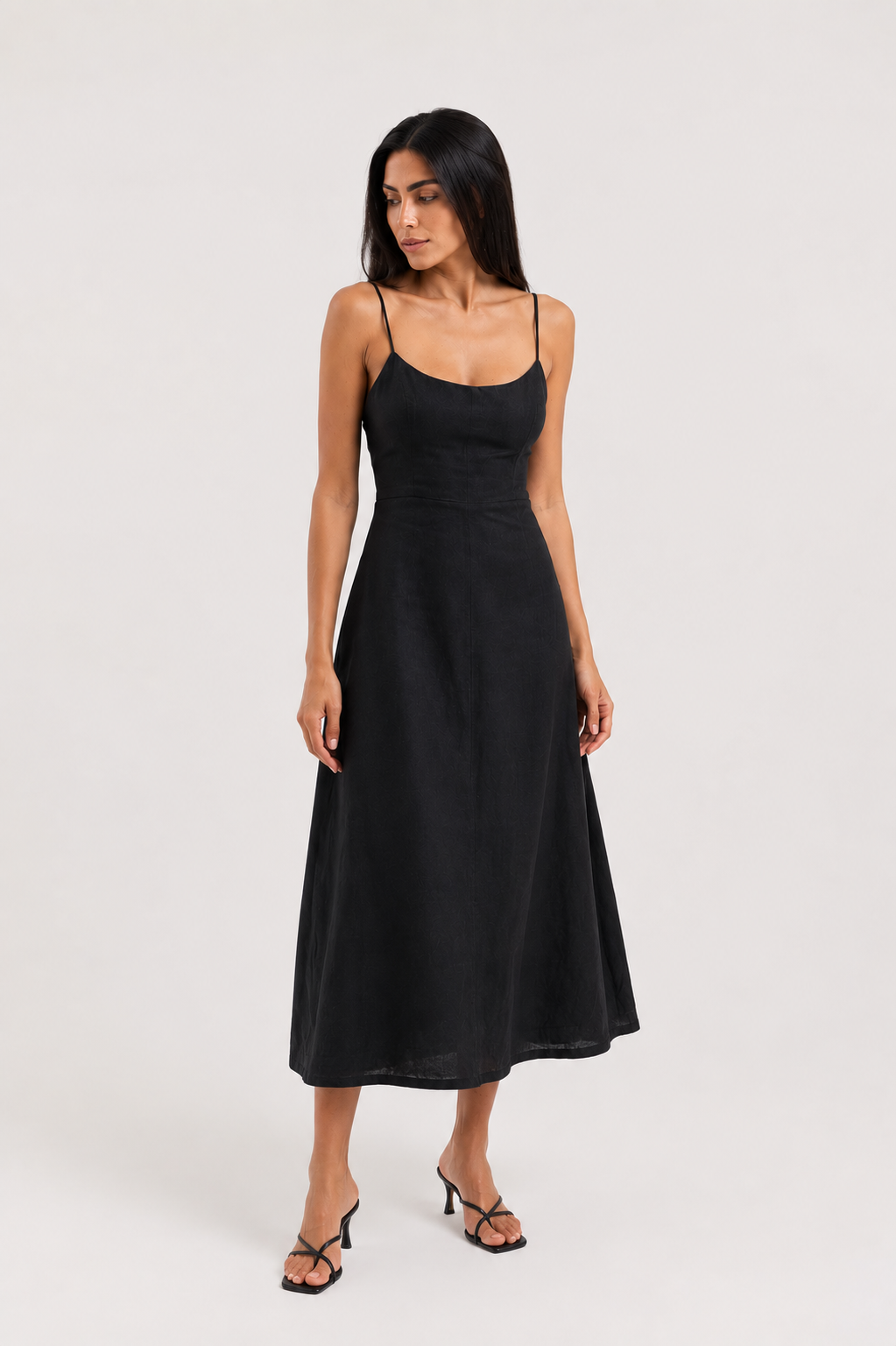 Tie Back Linen Dress - Black