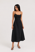 Tie Back Linen Dress - Black