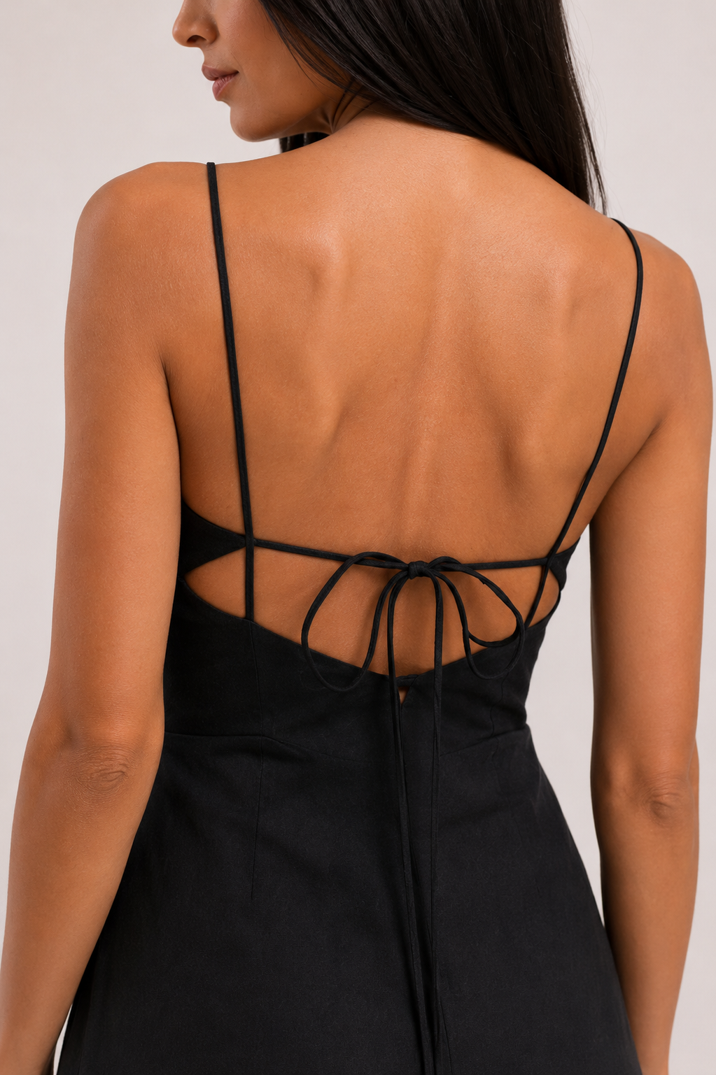 Tie Back Linen Dress - Black