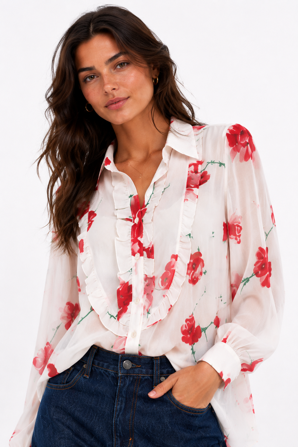 Floral Ruffle Chiffon Blouse – Red Print - 11010