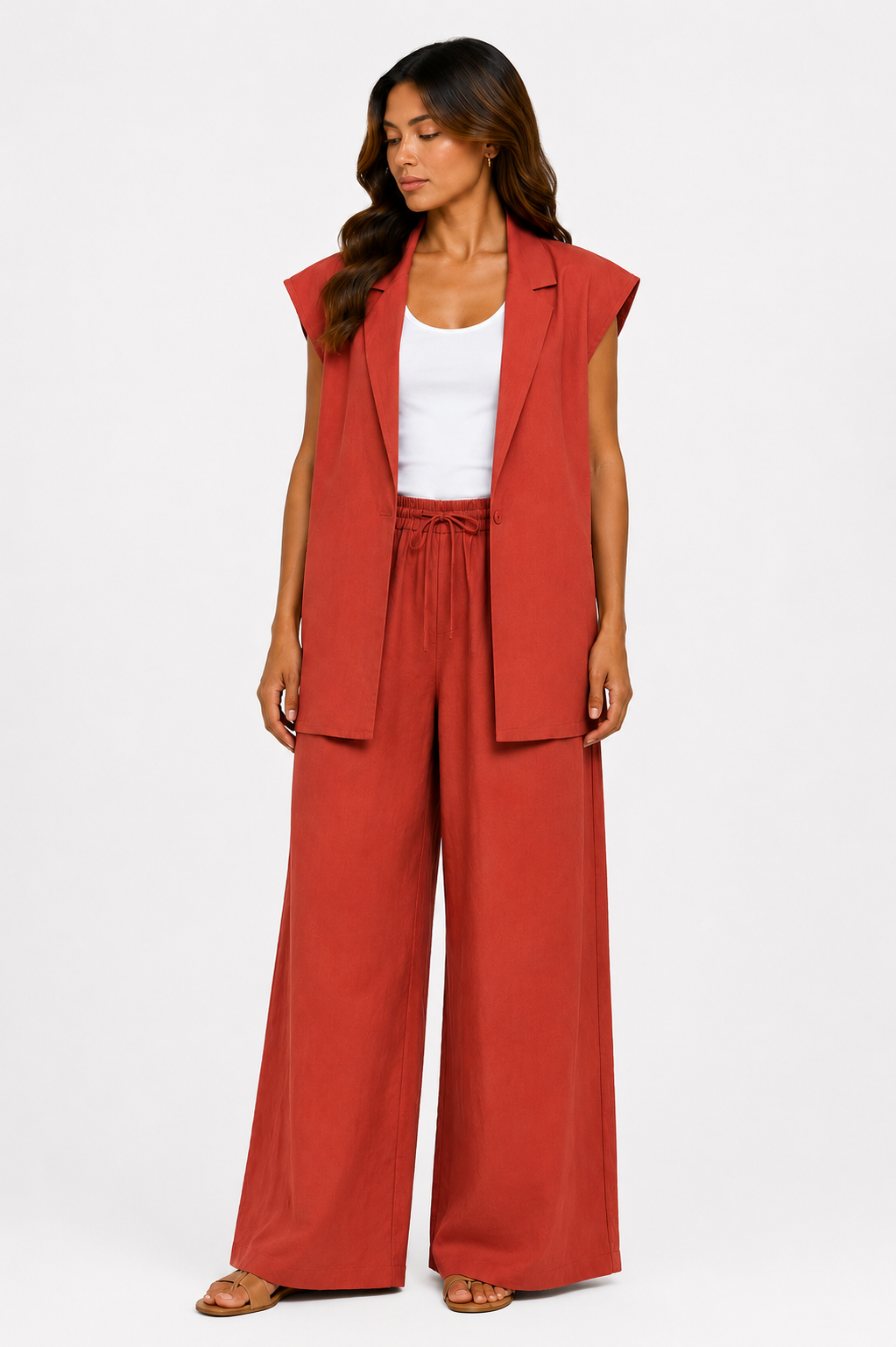 Linen Loose Pants with Drawstring WP112009   - Rusty Red