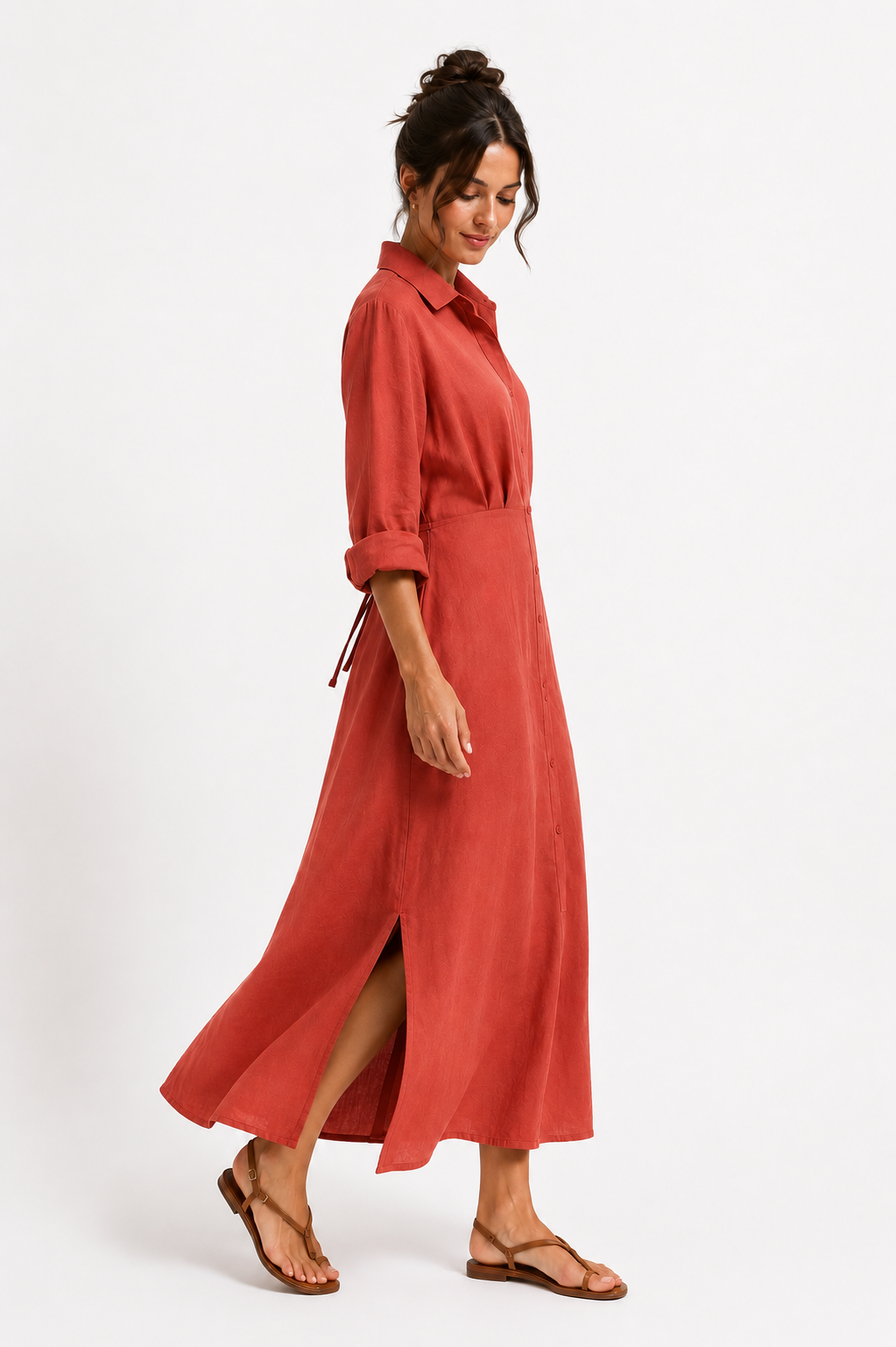Linen Long Shirt Dress - WD16002 - Rusty Red