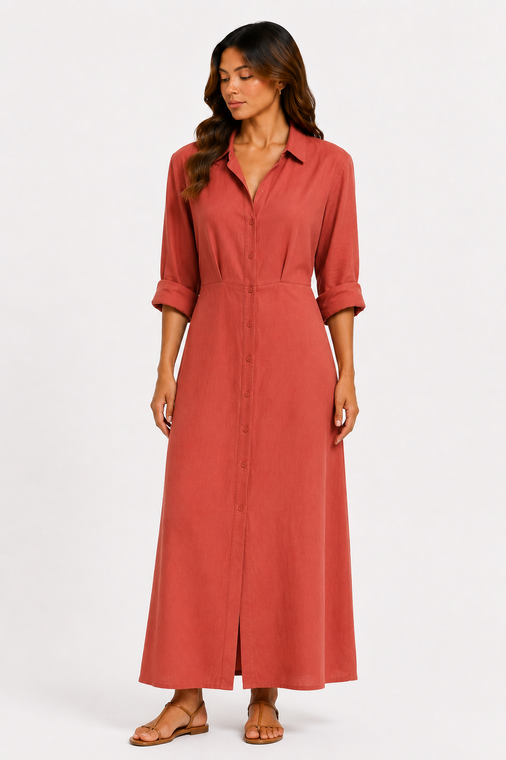 Linen Long Shirt Dress - WD16002 - Rusty Red