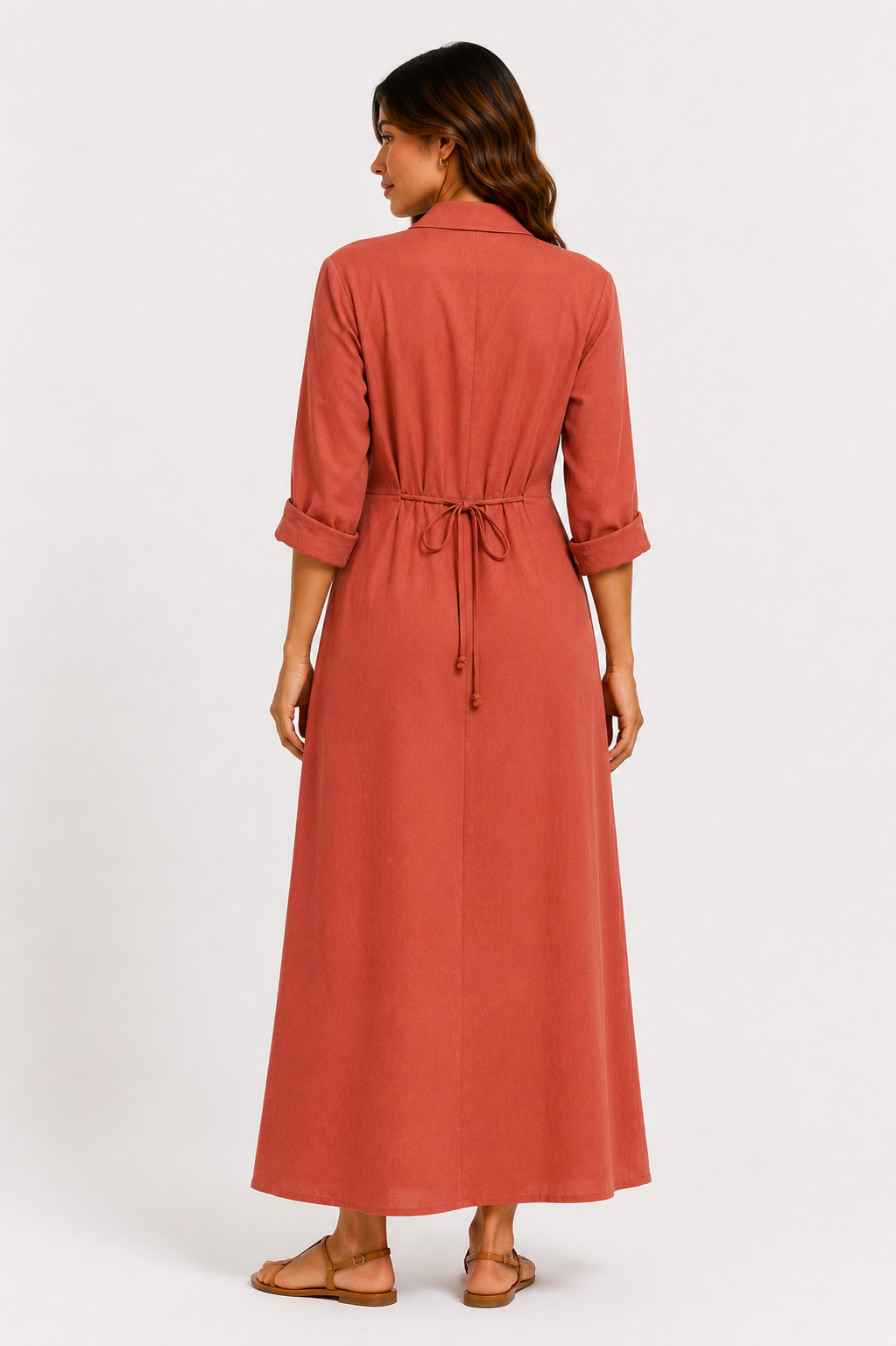 Linen Long Shirt Dress - WD16002 - Rusty Red