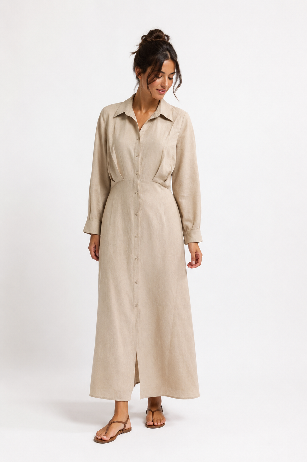 Linen Long Shirt Dress - WD16002 - Beige