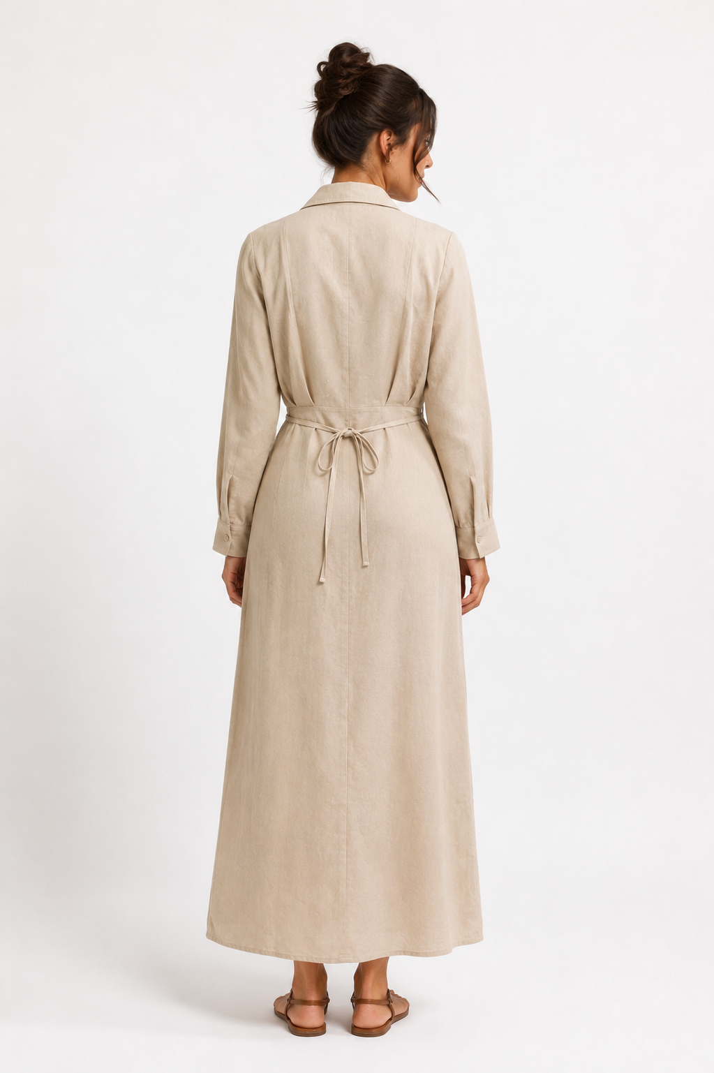 Linen Long Shirt Dress - WD16002 - Beige
