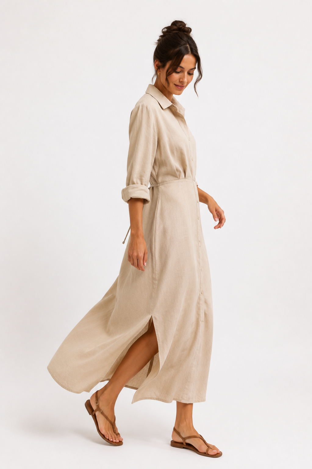 Linen Long Shirt Dress - WD16002 - Beige