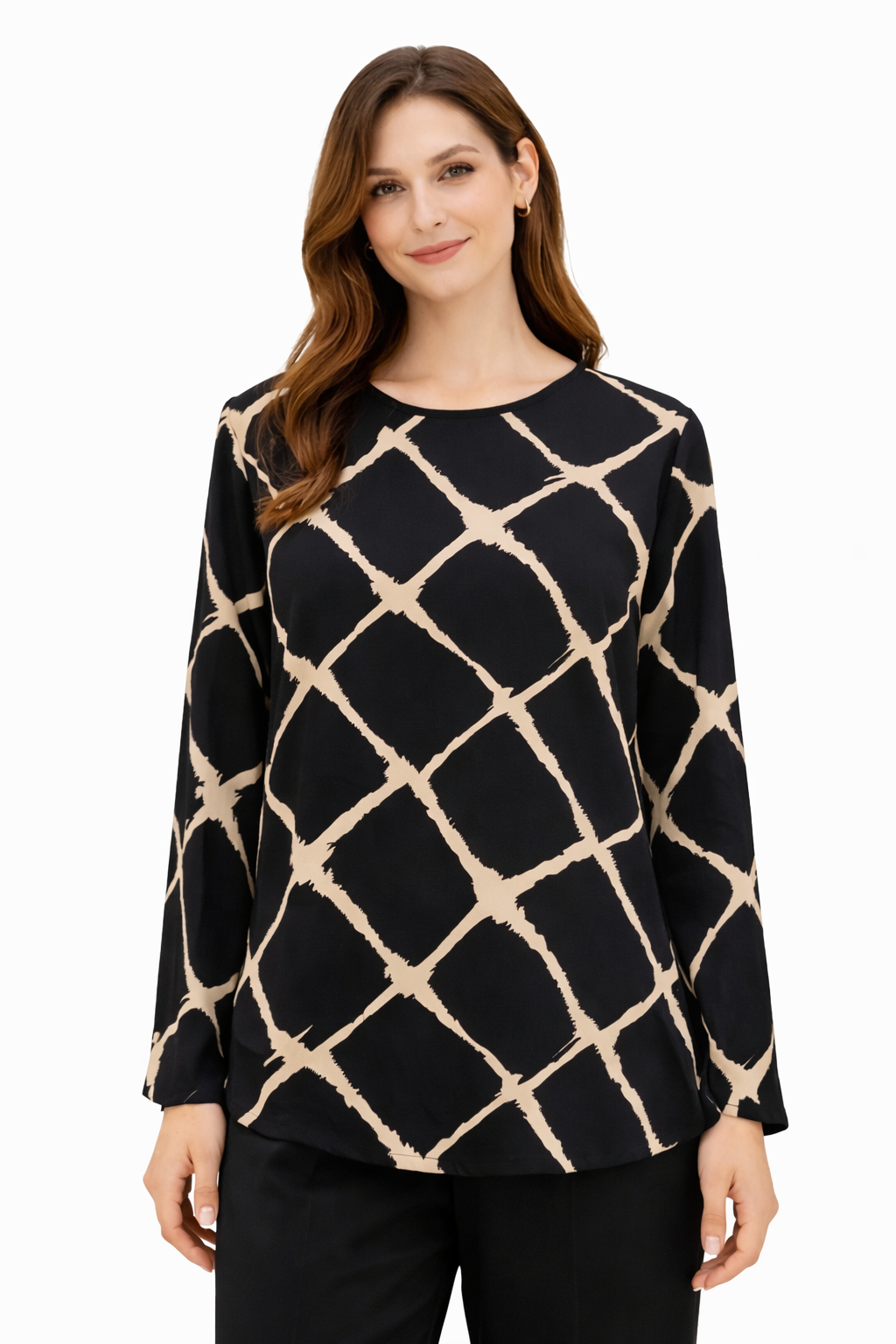 Geometric Print Loose Blouse – Black - 111022