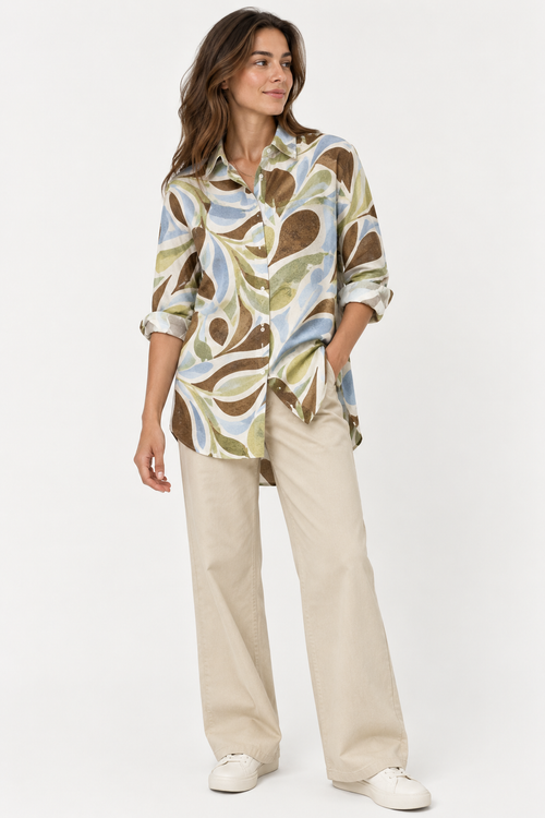 Abstract Print Oversize Shirt - Olive 110004