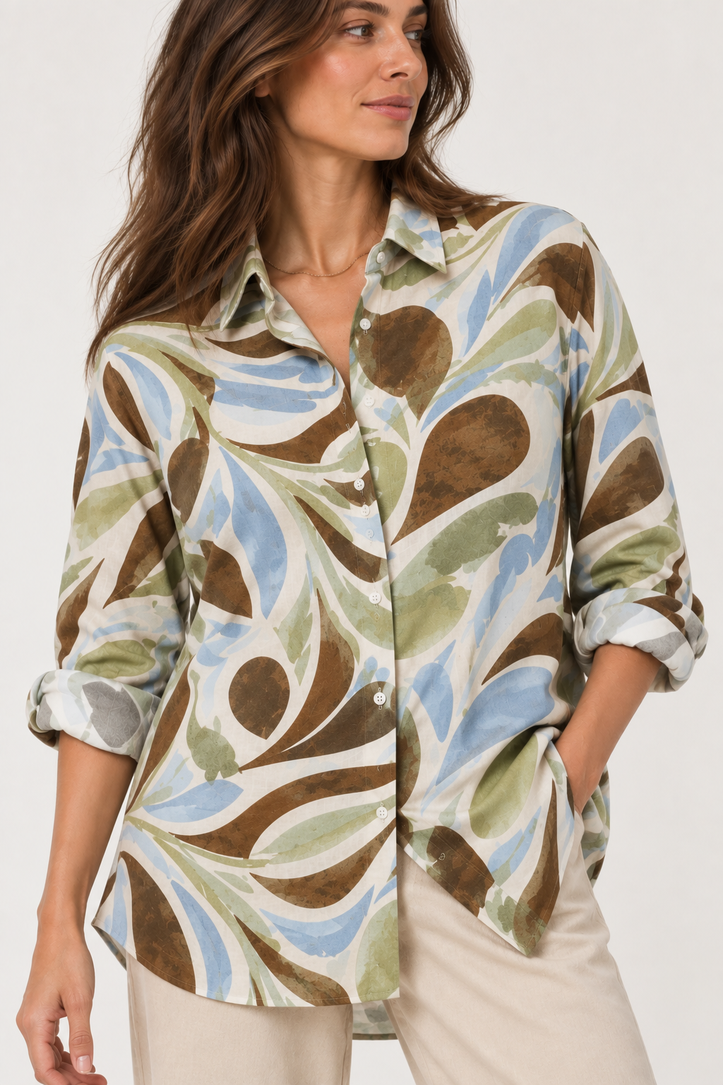 Abstract Print Oversize Shirt - Olive 110004