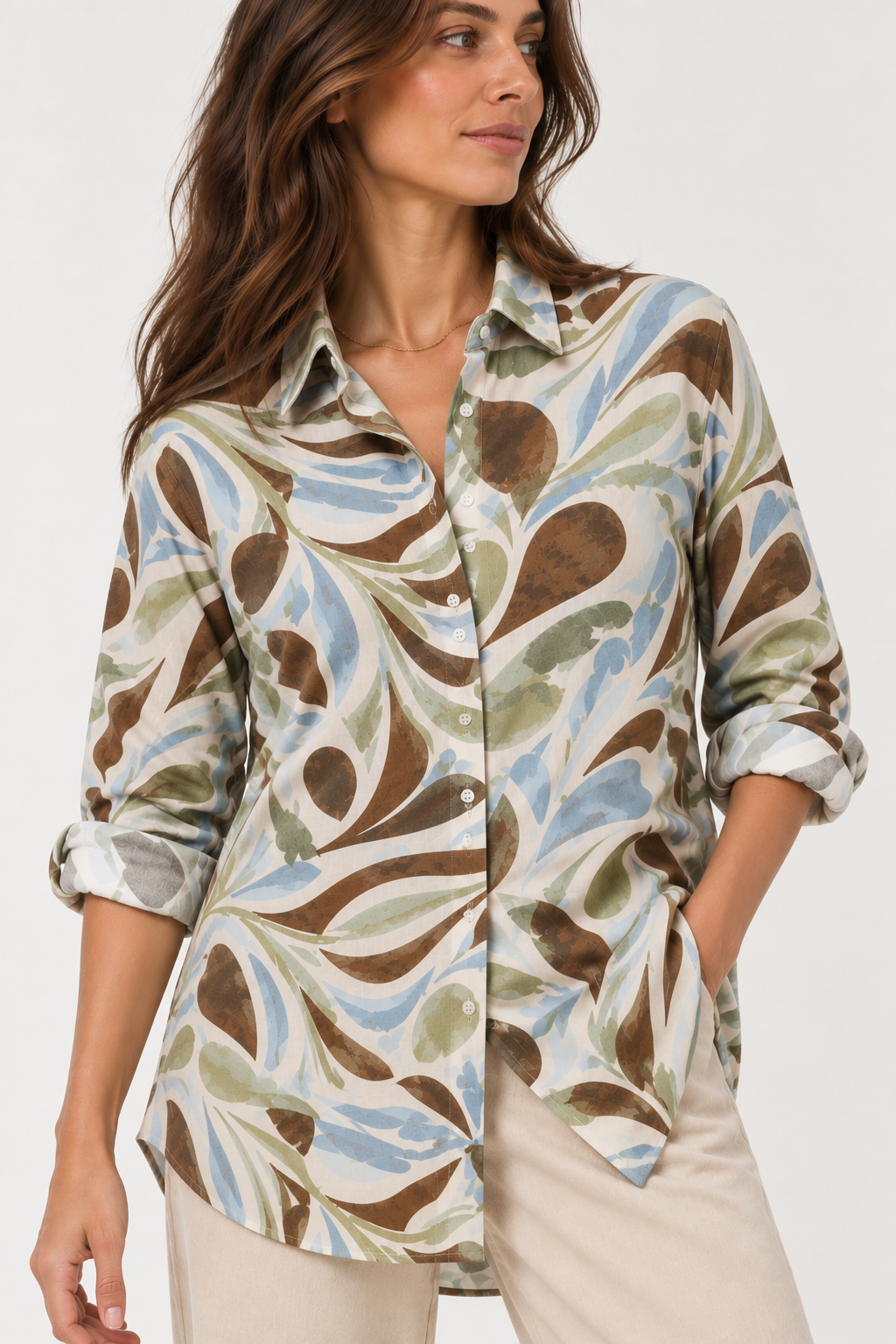 Abstract Print Oversize Shirt - Olive 110004
