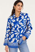 Leaves Print Button-Up Blouse – Blue - 111016