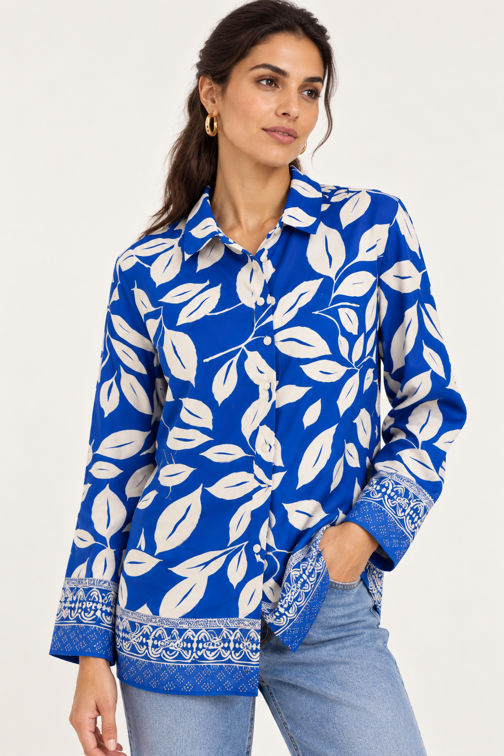 Leaves Print Button-Up Blouse – Blue - 111016