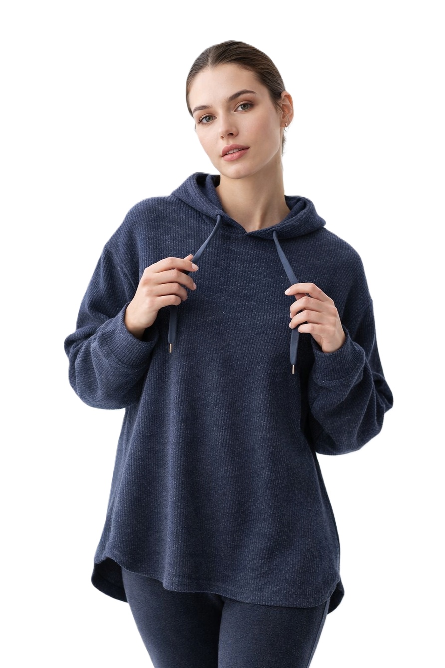 Casual Ribbed Hooded Top - Navy - 114001