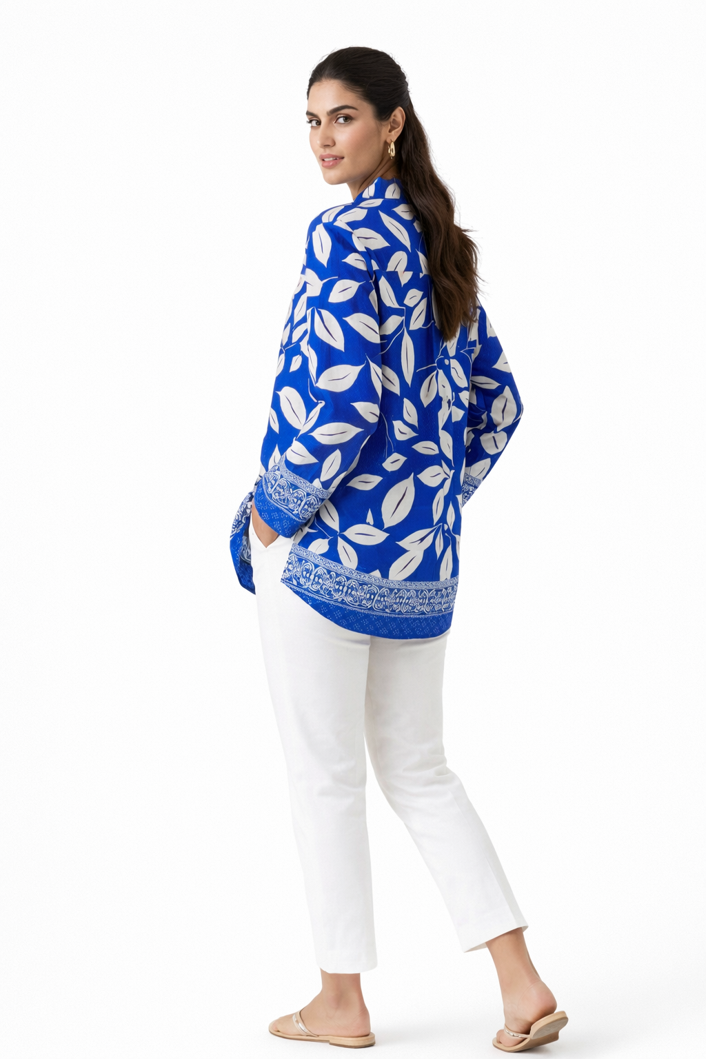 Leaves Print Button-Up Blouse – Blue - 111016