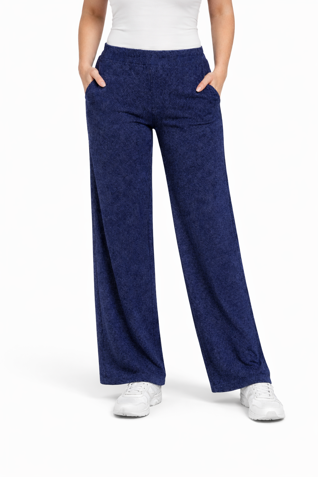 Ribbed Wide Leg Pants - Navy - 114004
