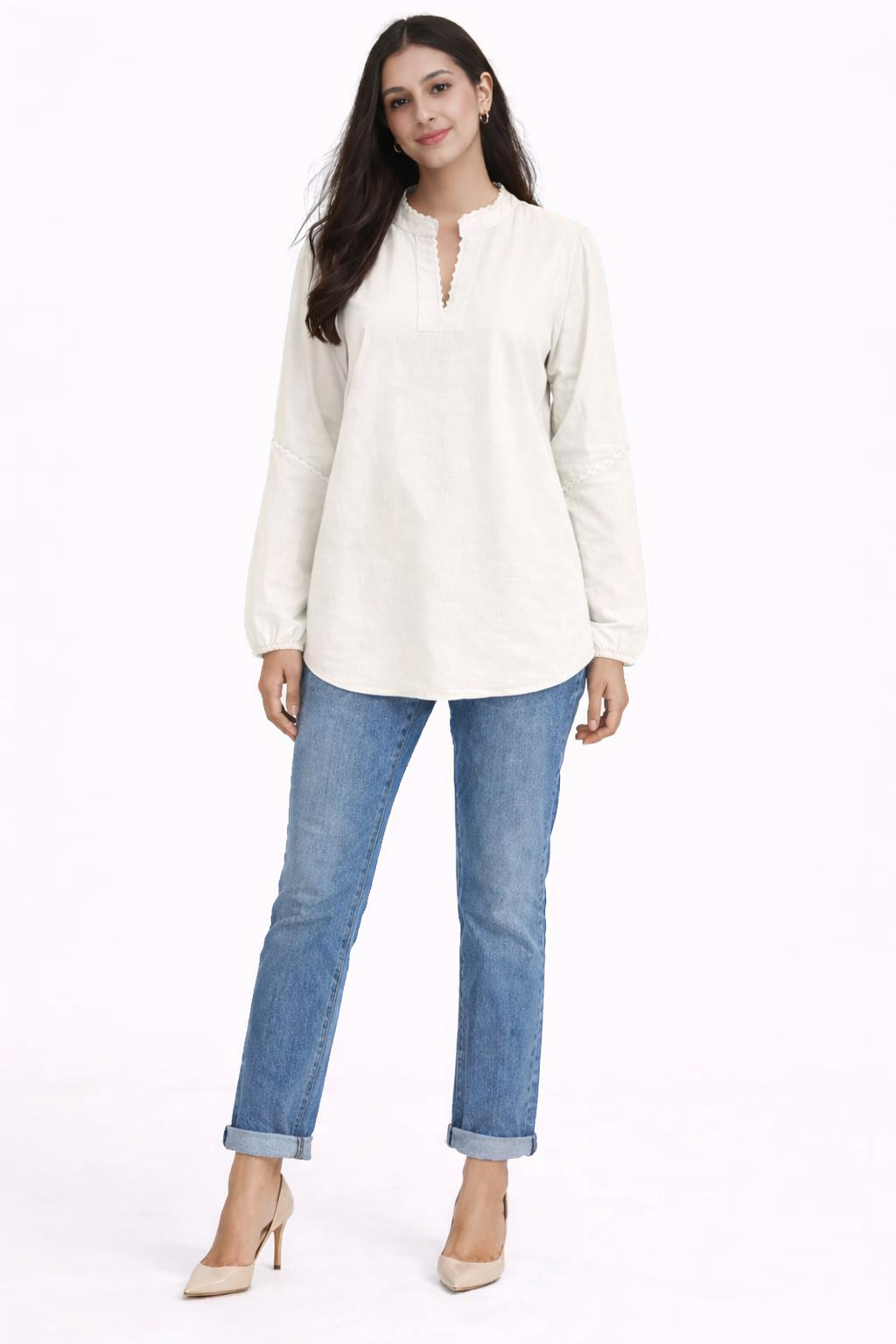 Lace Trim Poplin Blouse – Beige - D8809