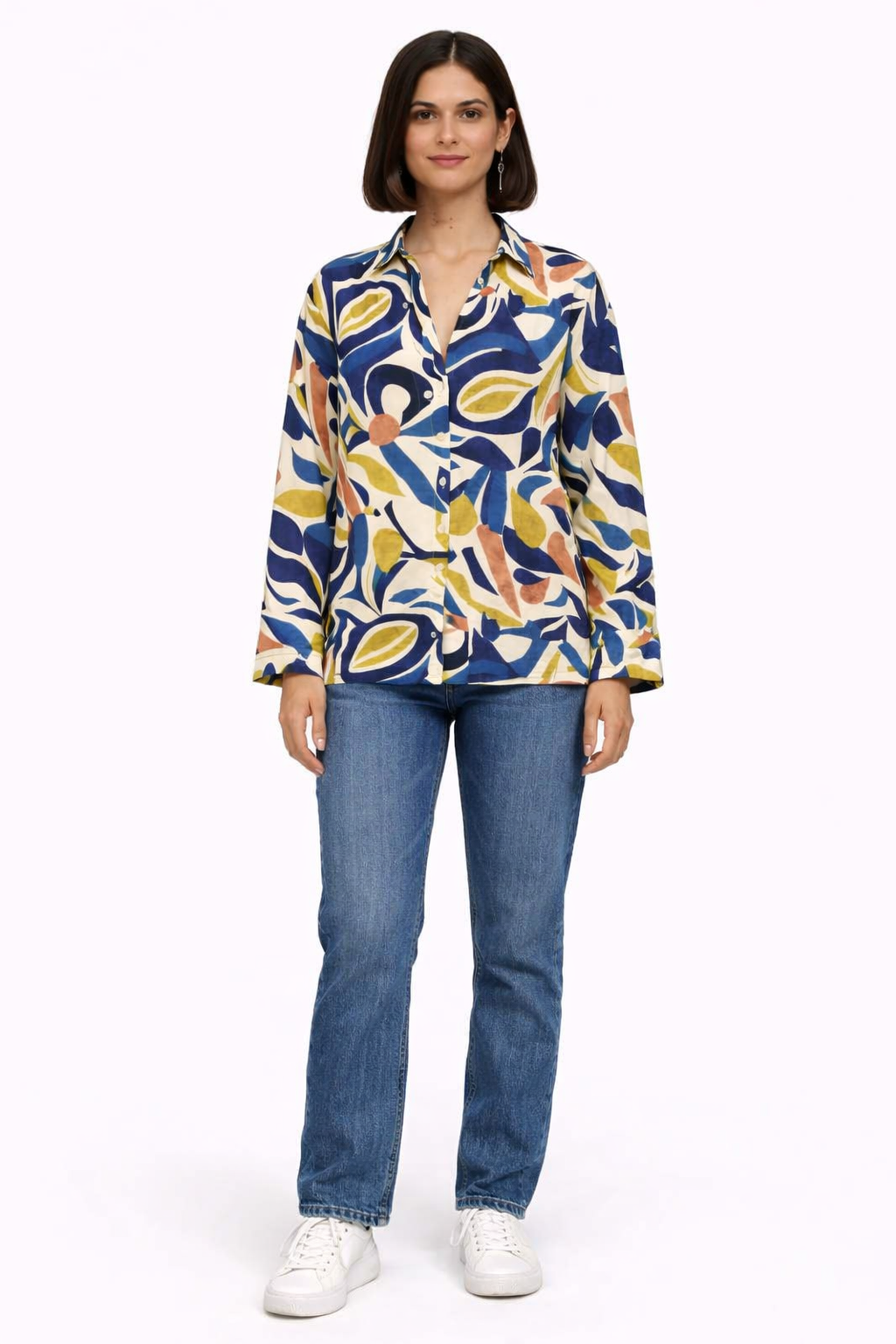 Abstract Print Collared Half-Button Blouse - 110003