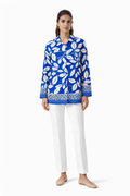 Leaves Print Button-Up Blouse – Blue - 111016