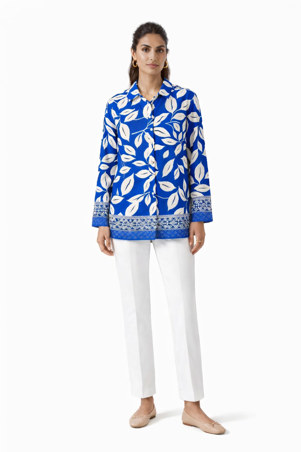 Leaves Print Button-Up Blouse – Blue - 111016