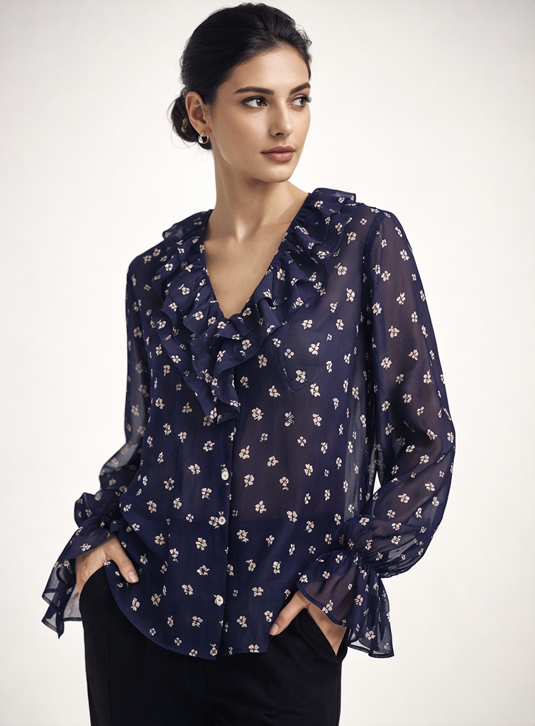 Ruffle Neck Floral Blouse - 111028