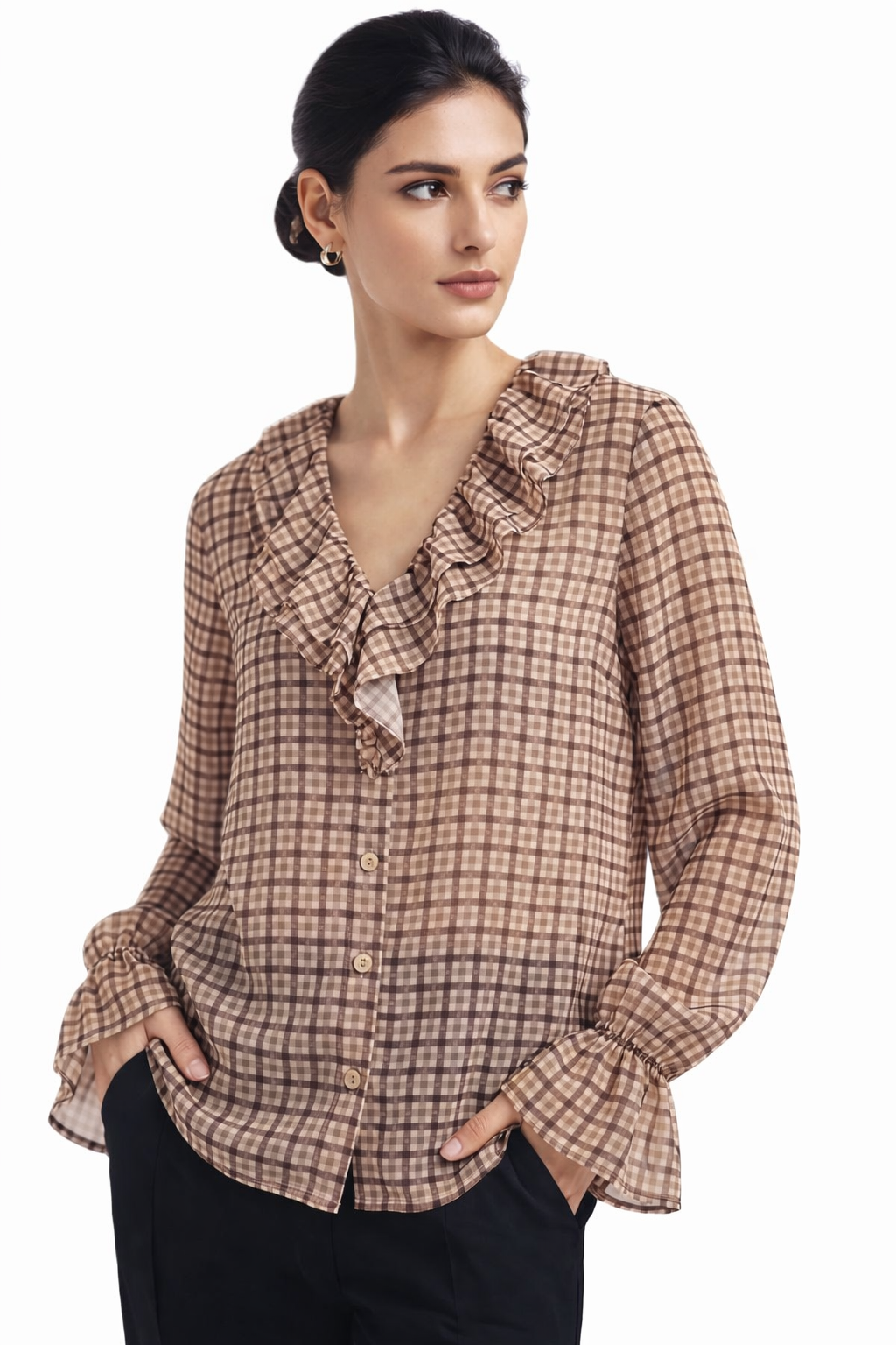 Plaid blouse ruffle collar - 111028