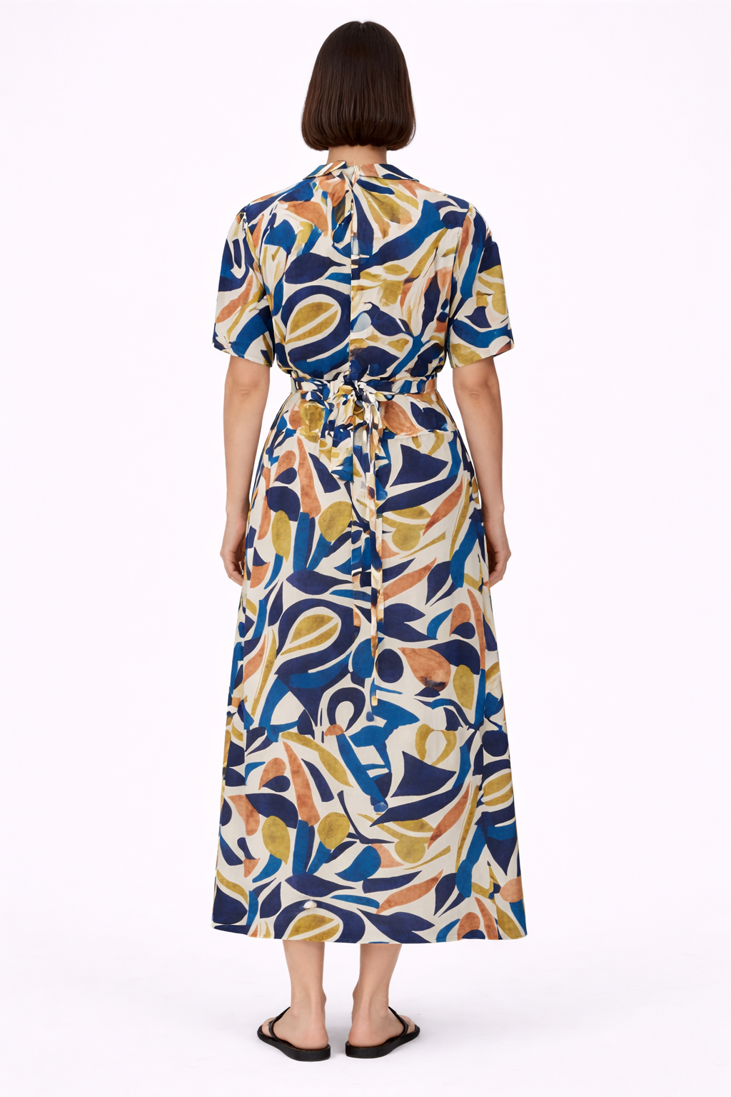 Abstract Print Tie Back Long Dress - Blue 116002
