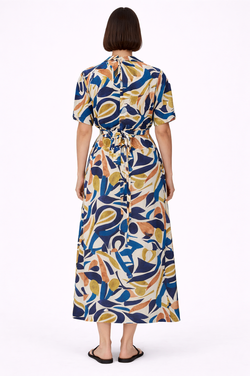 Abstract Print Tie Back Long Dress - Blue 116002