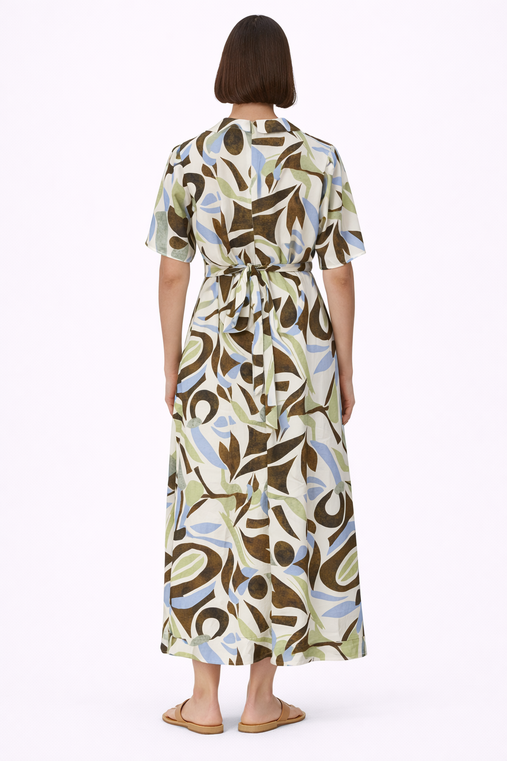 Abstract Print Tie Back Long Dress - Olive 116002