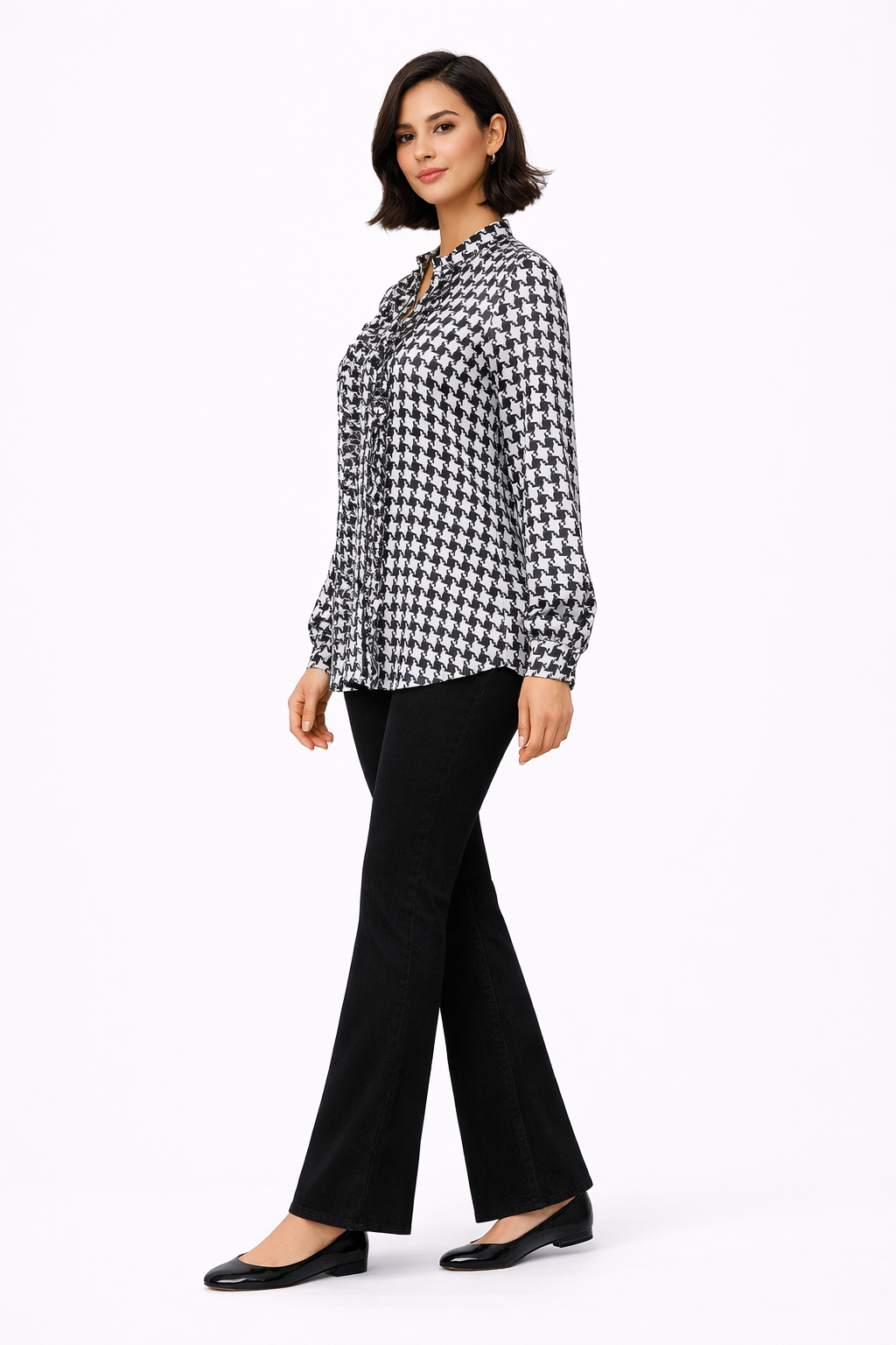Checkered Long Sleeve Blouse – Black & White - 11010G