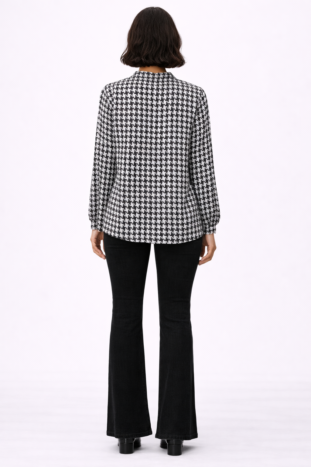 Checkered Long Sleeve Blouse – Black & White - 11010G