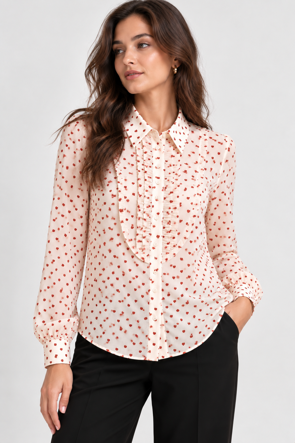 Heart Ruffle Chiffon Blouse – Off White - 11010