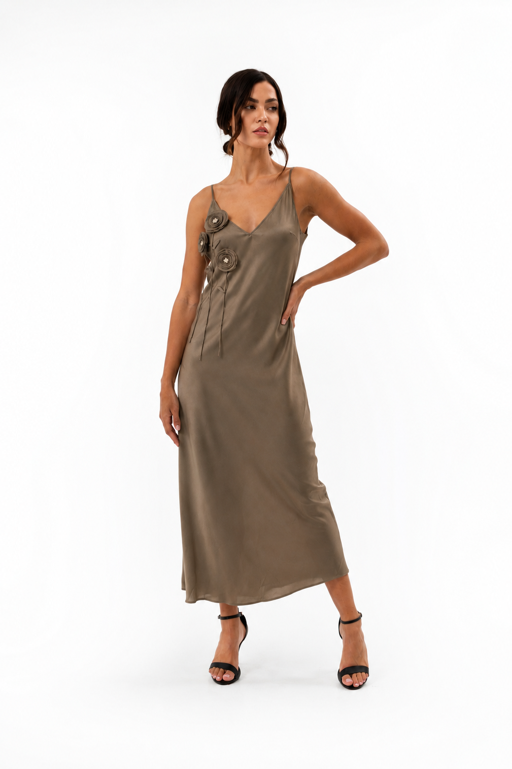 Satin Dress with Flowers - Light Brown
