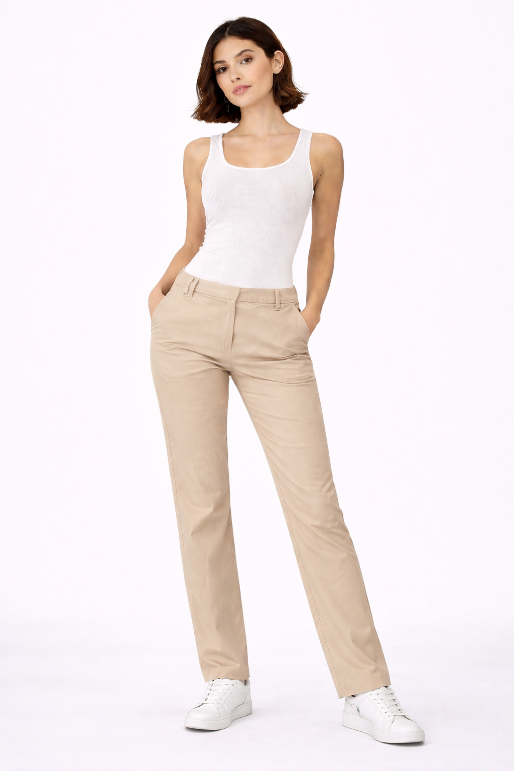 Gabardine Straight Leg Pants – Beige - 112004