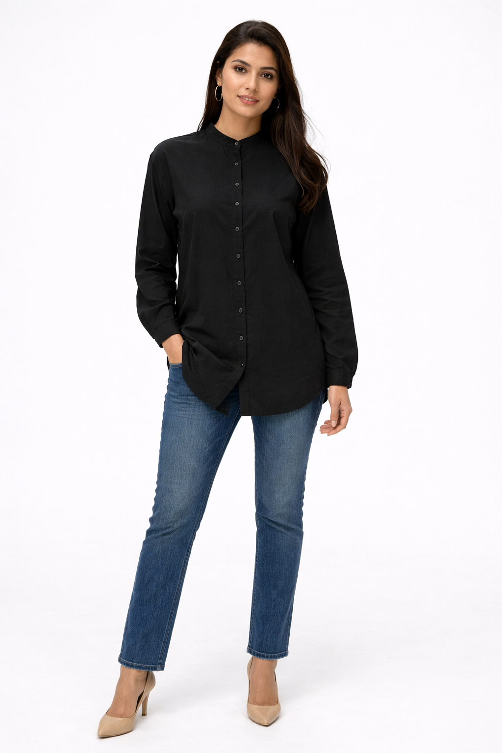 Mandarin Collar Long Shirt – Black - 1100011