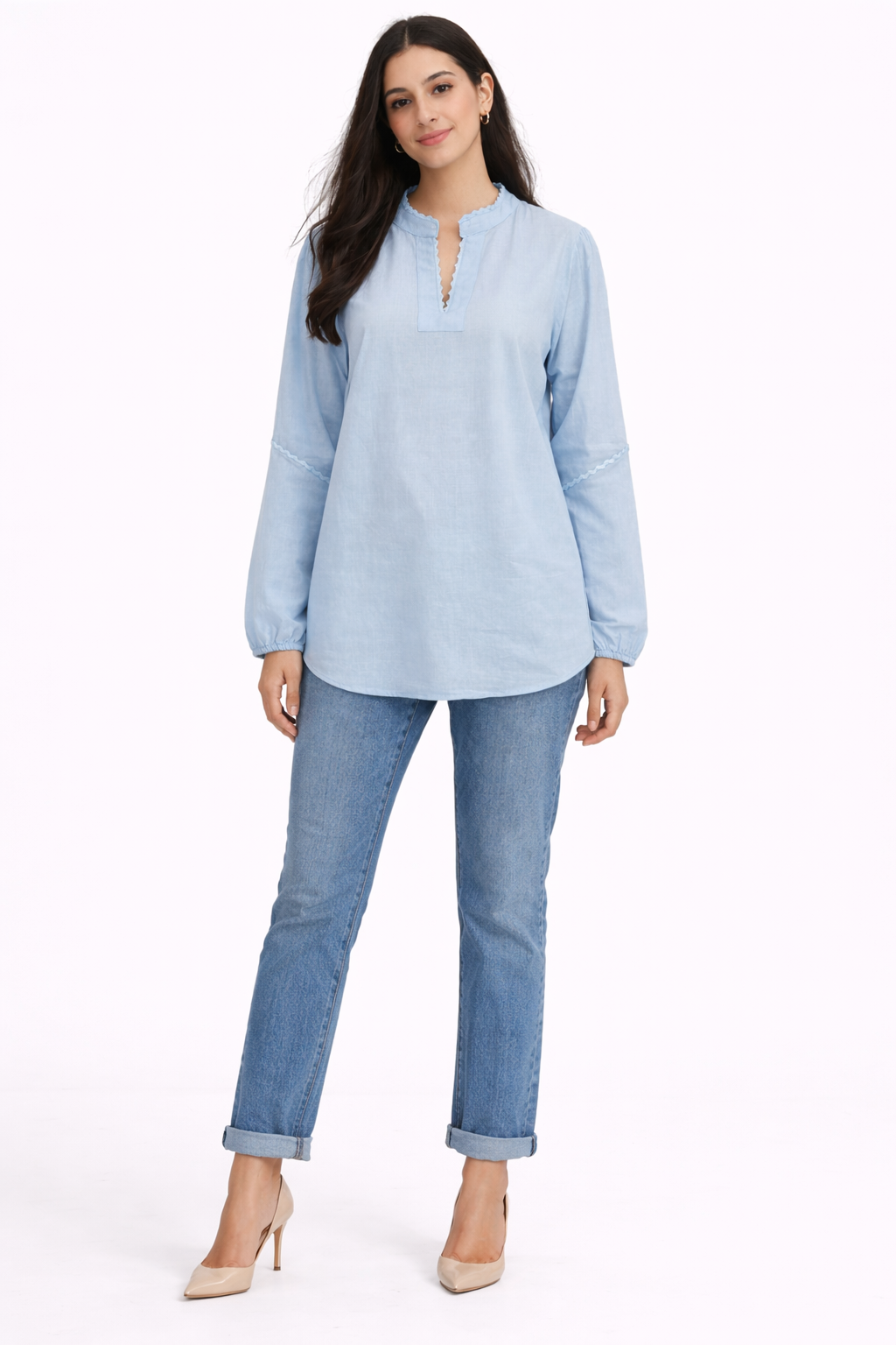 Lace Trim Split Neck Blouse – Light Blue - D8809