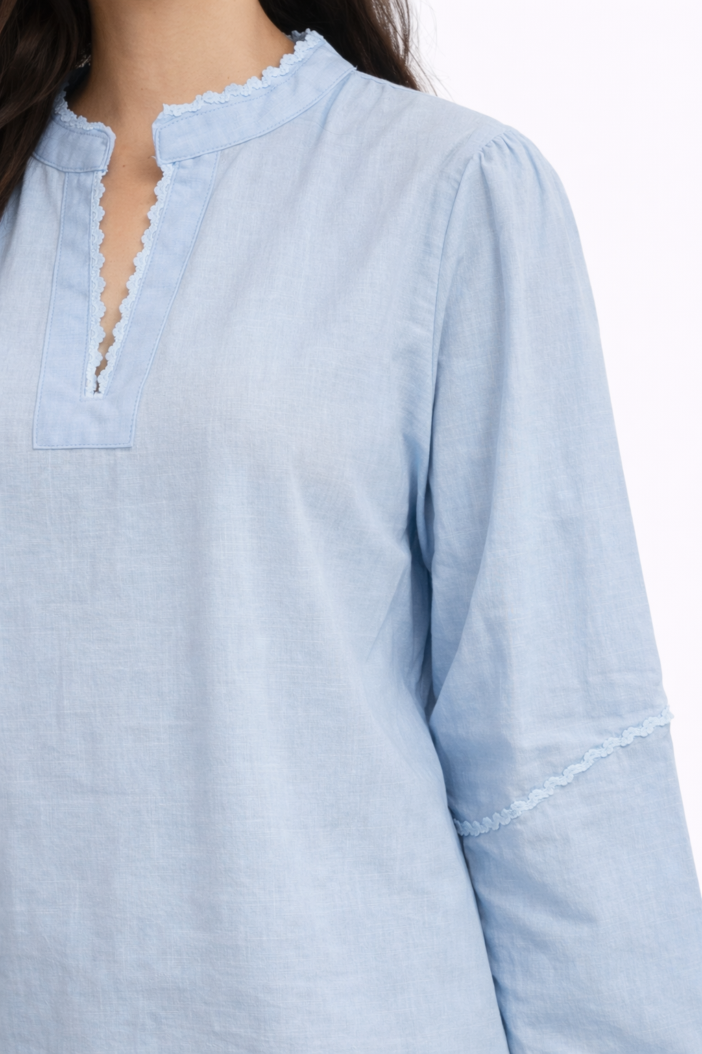 Lace Trim Split Neck Blouse – Light Blue - D8809