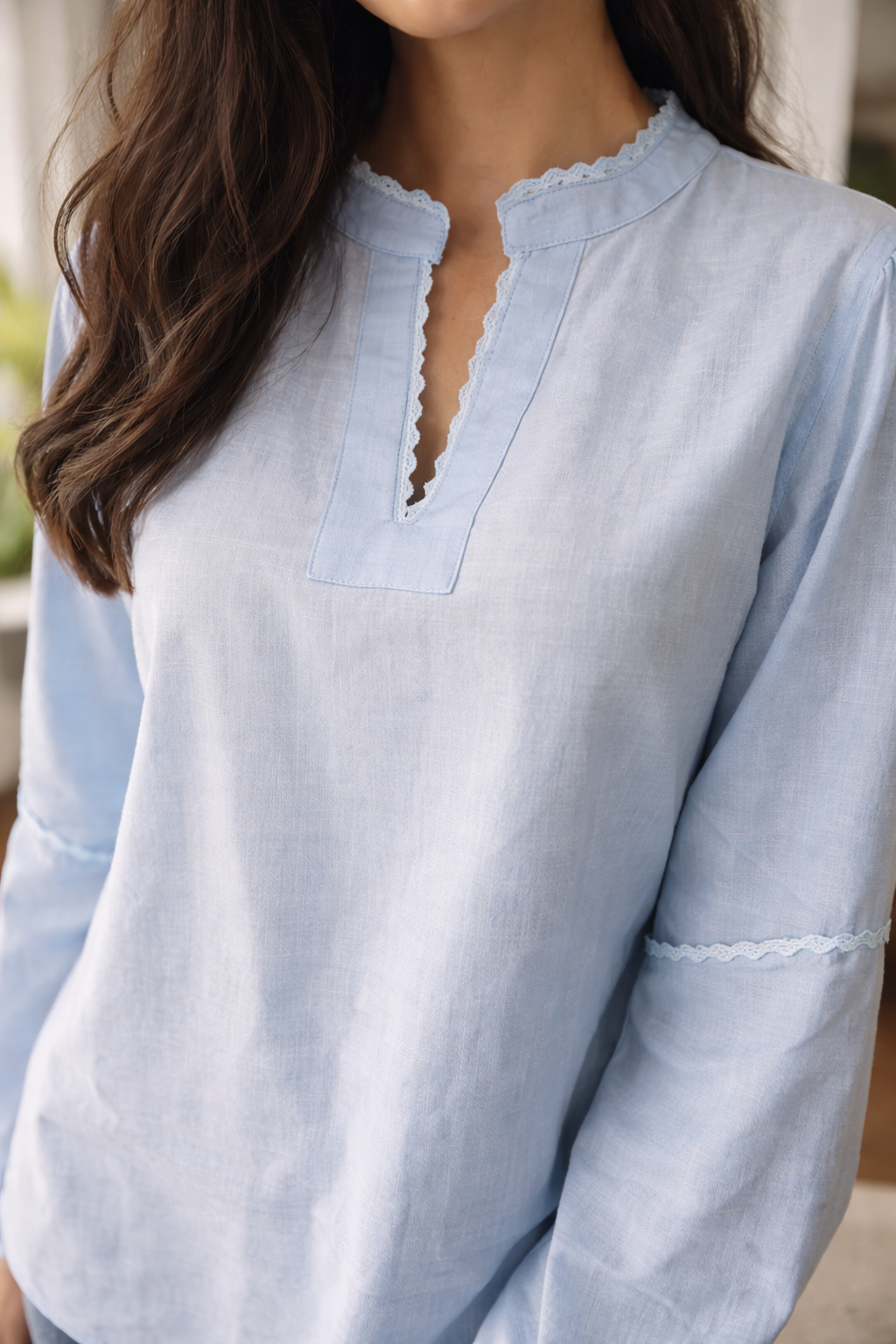 Lace Trim Split Neck Blouse – Light Blue - D8809