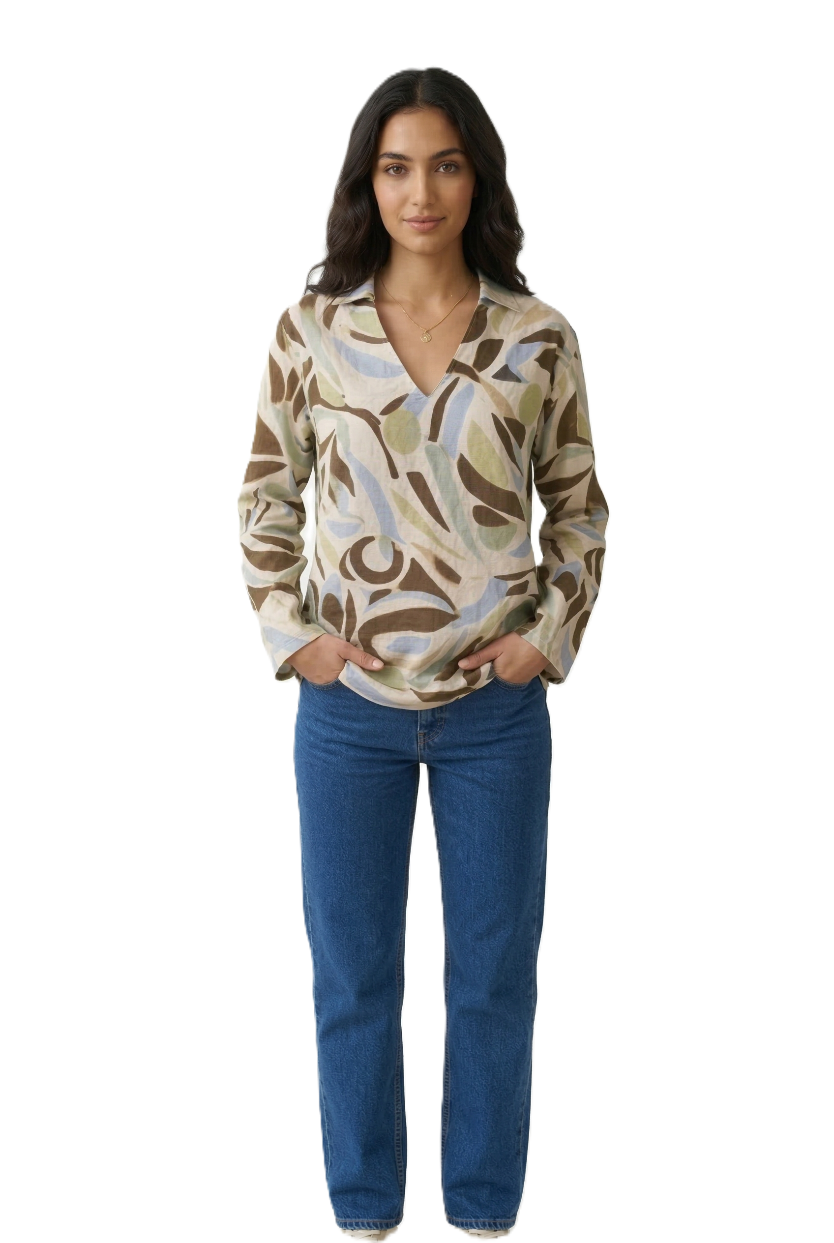 Abstract Print Collared Half-Button Blouse - 110003