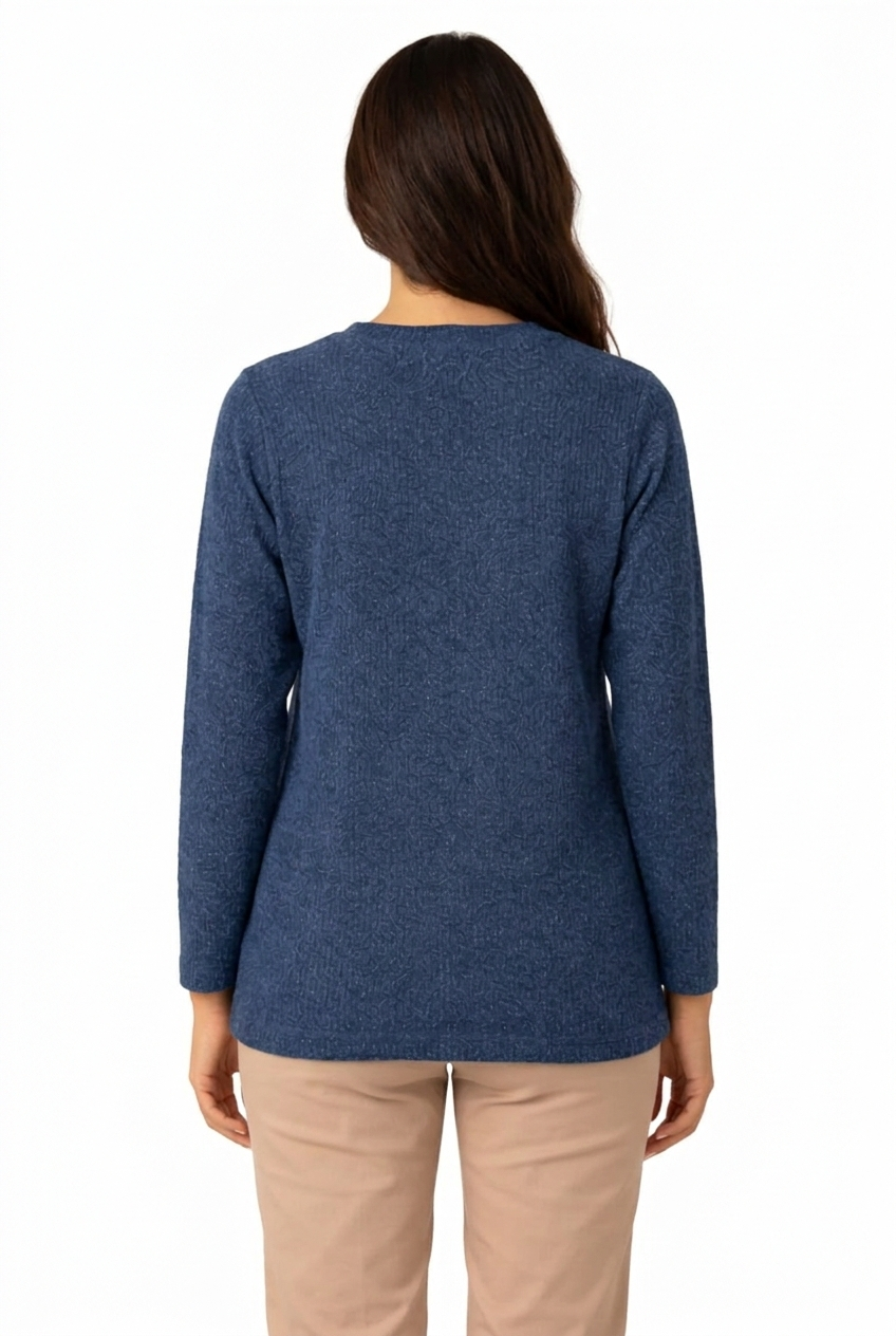 Casual Crew Neck Long Sleeve Top - Navy - 114002
