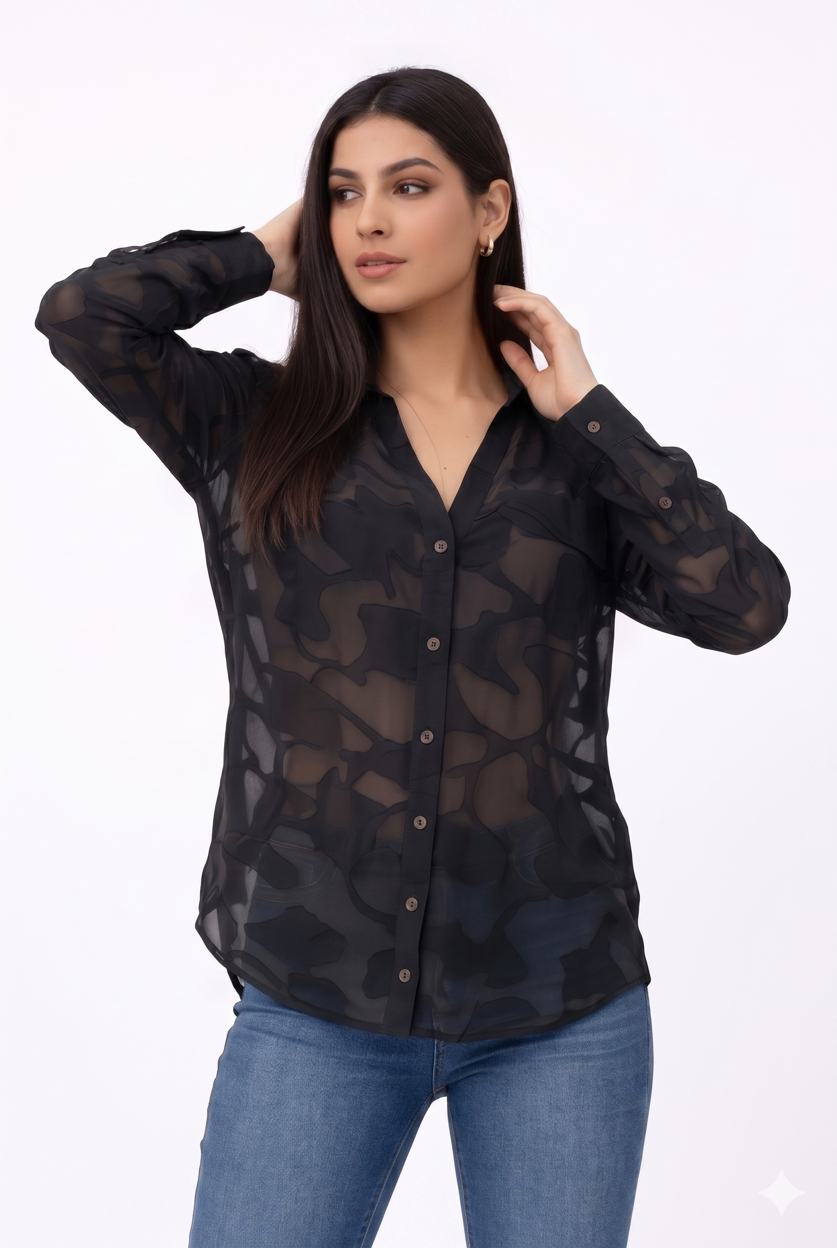 Chiffon Jacquard Blouse – Black - 111019A