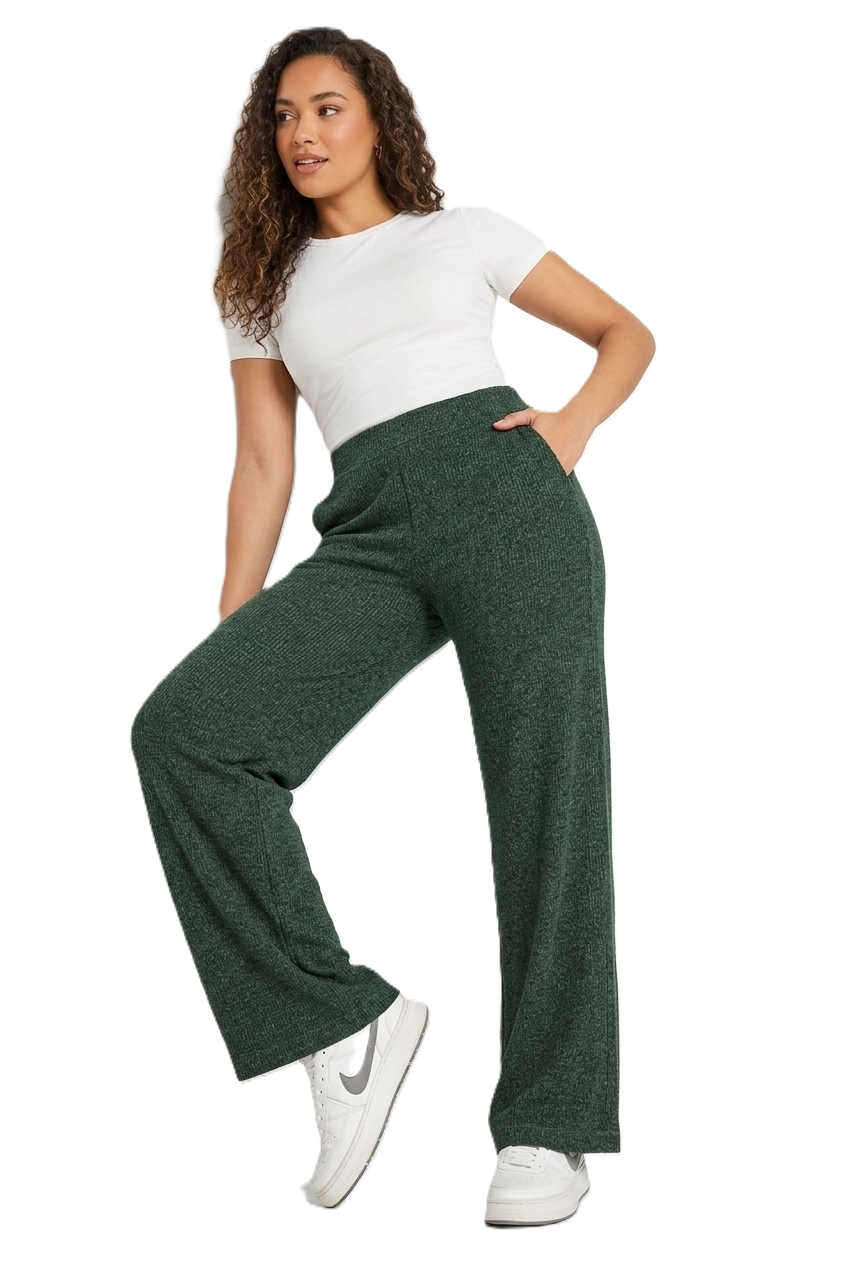 Ribbed Wide Leg Pants -Dark Green - 114004