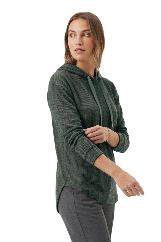 Casual Ribbed Hooded Top - Dark Green - 114001