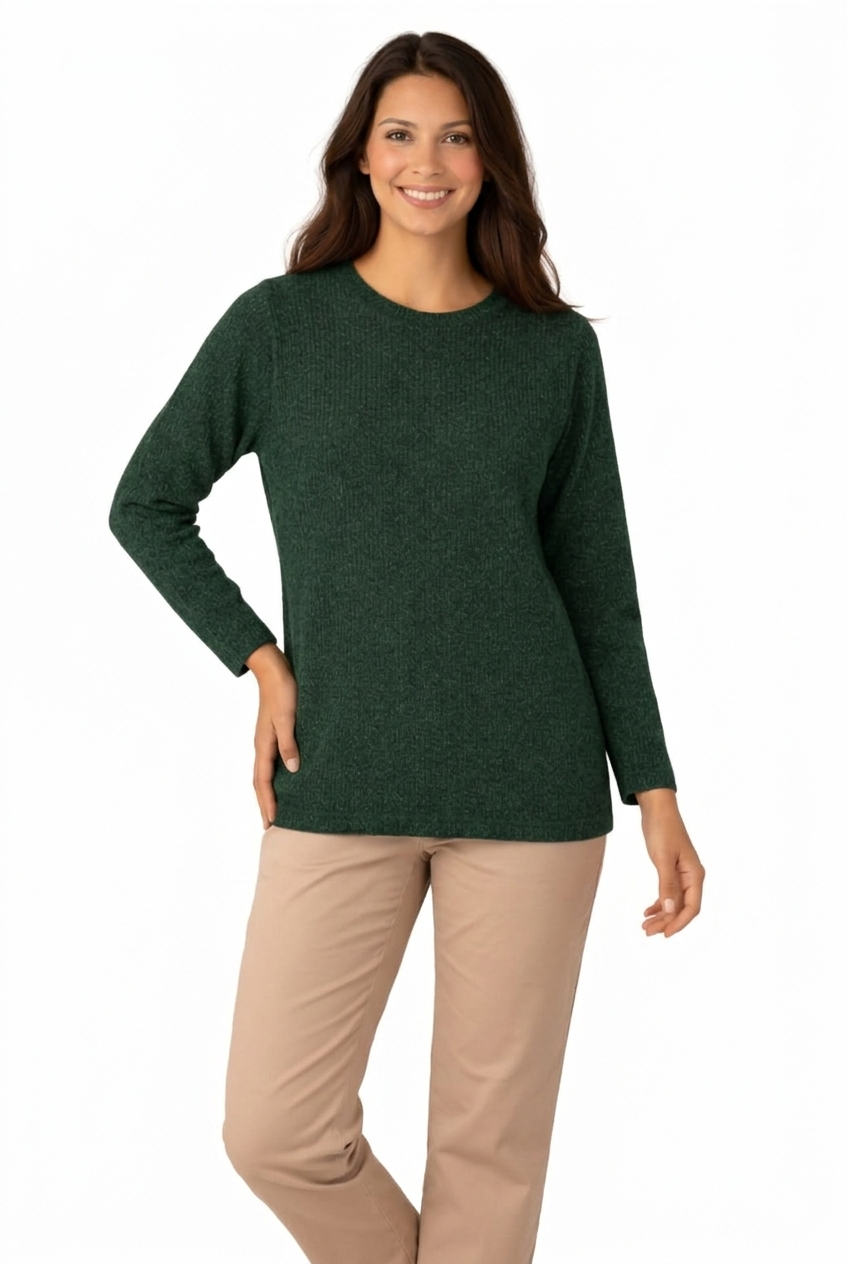 Casual Crew Neck Long Sleeve Top - Dark Green - 114002
