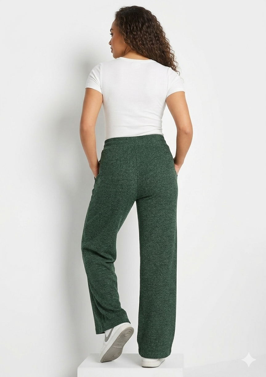 Women's Ribbed Wide Leg Pants -Dark Green - 114004