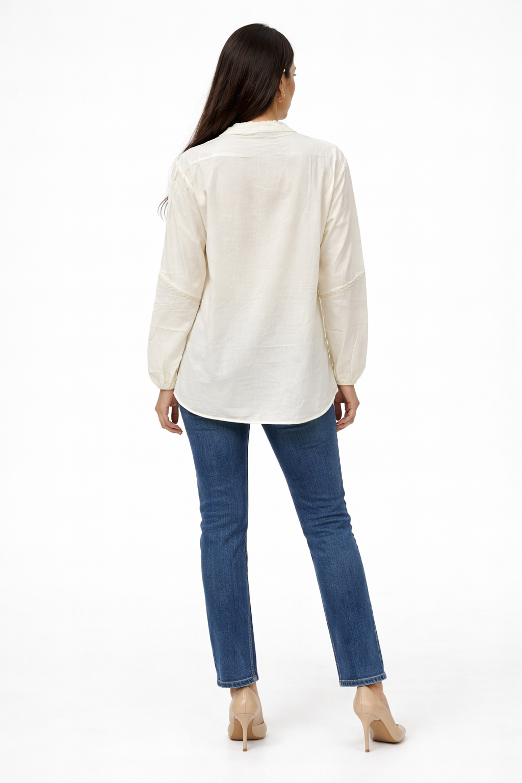 Lace Trim Poplin Blouse – Beige - D8809