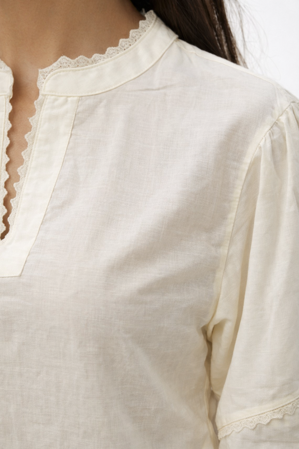 Lace Trim Poplin Blouse – Beige - D8809