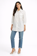 Long Poplin Blouse with Pocket– White - D299
